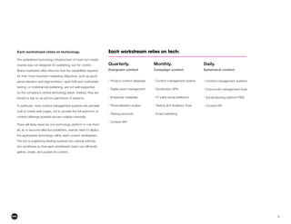 12
Each workstream relies on technology.
The established technology infrastructure of most non-media
brands was not designed for publishing, but for control.
Brand marketers often discover that the capabilities required
for their most important marketing objectives, such as good
personalization and segmentation, rapid A/B and multivariate
testing, or multichannel publishing, are not well-supported
by the company’s central technology stack. Instead, they are
forced to rely on an ad hoc patchwork of systems.
In particular, most content management systems are primarily
built to create web pages, not to provide the full spectrum of
content offerings possible across multiple channels.
There will likely never be one technology platform to rule them
all, so to become effective publishers, brands need to deploy
the appropriate technology within each content workstream.
The key is organizing existing systems into rational informa-
gather, create, and publish its content.
Quarterly.
Evergreen content
• Product content database
•
• Enterprise metadata
• Personalization engine
• Testing protocols
• Content API
Daily.
Ephemeral content
• Content management systems
• Community management tools
• Social listening platform RSS
• Content API
Monthly.
Campaign content
• Content management system
• Syndication APIs
• 3rd
party social platforms
• Testing and Analytics Tools
• Email marketing
Each workstream relies on tech:
 