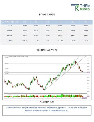 PIVOT TABLE
TECHNICAL VIEW
ALUMINIUM
COMMODITIES S1 S2 S3 R1 R2 R3
GOLD 26740 26665 26575 26860 26955 27050
SILVER 39000 38720 38500 39375 39695 39965
CRUDE 5750 5710 5670 5800 5835 5875
COPPER 415.20 413.80 412 417.80 419.60 421.45
Aluminium on its daily chart closed around its important support i.e. 117.30, now if it sustain
below it then next support is seen around 115.70.
