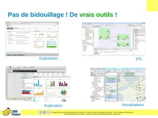 Ce support est mis à disposition selon les termes de la Licence Creative Commons Attribution - Pas d’Utilisation Commerciale
- Pas de Modification 2.0 France. - http://creativecommons.org/licenses/by-nc-nd/2.0/fr/
Pas de bidouillage ! De vrais outils !
Exploitation ETL
Exploration Visualisations
 