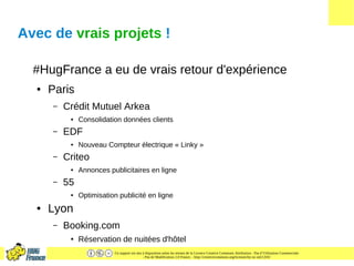 Ce support est mis à disposition selon les termes de la Licence Creative Commons Attribution - Pas d’Utilisation Commerciale
- Pas de Modification 2.0 France. - http://creativecommons.org/licenses/by-nc-nd/2.0/fr/
Avec de vrais projets !
#HugFrance a eu de vrais retour d'expérience
● Paris
– Crédit Mutuel Arkea
● Consolidation données clients
– EDF
● Nouveau Compteur électrique « Linky »
– Criteo
● Annonces publicitaires en ligne
– 55
● Optimisation publicité en ligne
● Lyon
– Booking.com
● Réservation de nuitées d'hôtel
 