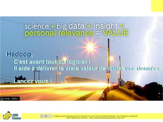 Ce support est mis à disposition selon les termes de la Licence Creative Commons Attribution - Pas d’Utilisation Commerciale
- Pas de Modification 2.0 France. - http://creativecommons.org/licenses/by-nc-nd/2.0/fr/
Hadoop,
C'est avant tout du logiciel !
Il aide à délivrer la vraie valeur de toutes vos données
Lancez vous !
Hadoop,
C'est avant tout du logiciel !
Il aide à délivrer la vraie valeur de toutes vos données
Lancez vous !
 
