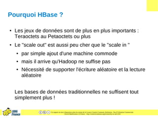 Ce support est mis à disposition selon les termes de la Licence Creative Commons Attribution - Pas d’Utilisation Commerciale
- Pas de Modification 2.0 France. - http://creativecommons.org/licenses/by-nc-nd/2.0/fr/
Pourquoi HBase ?
● Les jeux de données sont de plus en plus importants :
Teraoctets au Petaoctets ou plus
● Le "scale out" est aussi peu cher que le "scale in "
● par simple ajout d'une machine commode
● mais il arrive qu'Hadoop ne suffise pas
● Nécessité de supporter l'écriture aléatoire et la lecture
aléatoire
Les bases de données traditionnelles ne suffisent tout
simplement plus !
 