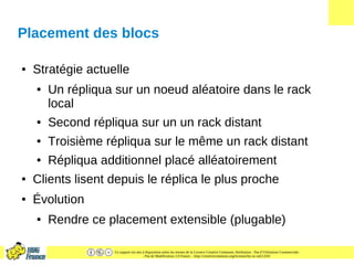 Ce support est mis à disposition selon les termes de la Licence Creative Commons Attribution - Pas d’Utilisation Commerciale
- Pas de Modification 2.0 France. - http://creativecommons.org/licenses/by-nc-nd/2.0/fr/
Placement des blocs
● Stratégie actuelle
● Un répliqua sur un noeud aléatoire dans le rack
local
● Second répliqua sur un un rack distant
● Troisième répliqua sur le même un rack distant
● Répliqua additionnel placé alléatoirement
● Clients lisent depuis le réplica le plus proche
● Évolution
● Rendre ce placement extensible (plugable)
 