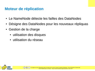 Ce support est mis à disposition selon les termes de la Licence Creative Commons Attribution - Pas d’Utilisation Commerciale
- Pas de Modification 2.0 France. - http://creativecommons.org/licenses/by-nc-nd/2.0/fr/
Moteur de réplication
● Le NameNode détecte les failles des DataNodes
● Désigne des DataNodes pour les nouveaux répliquas
● Gestion de la charge
● utilisation des disques
● utilisation du réseau
 