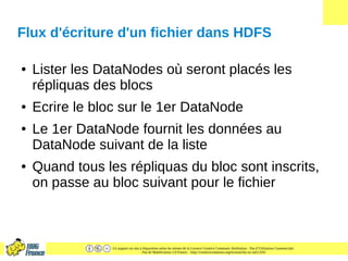 Ce support est mis à disposition selon les termes de la Licence Creative Commons Attribution - Pas d’Utilisation Commerciale
- Pas de Modification 2.0 France. - http://creativecommons.org/licenses/by-nc-nd/2.0/fr/
Flux d'écriture d'un fichier dans HDFS
● Lister les DataNodes où seront placés les
répliquas des blocs
● Ecrire le bloc sur le 1er DataNode
● Le 1er DataNode fournit les données au
DataNode suivant de la liste
● Quand tous les répliquas du bloc sont inscrits,
on passe au bloc suivant pour le fichier
 