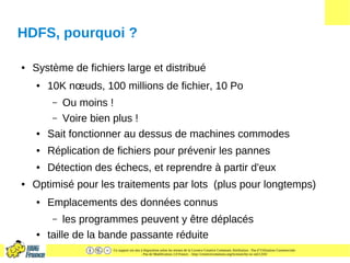 Ce support est mis à disposition selon les termes de la Licence Creative Commons Attribution - Pas d’Utilisation Commerciale
- Pas de Modification 2.0 France. - http://creativecommons.org/licenses/by-nc-nd/2.0/fr/
HDFS, pourquoi ?
● Système de fichiers large et distribué
● 10K nœuds, 100 millions de fichier, 10 Po
– Ou moins !
– Voire bien plus !
● Sait fonctionner au dessus de machines commodes
● Réplication de fichiers pour prévenir les pannes
● Détection des échecs, et reprendre à partir d'eux
● Optimisé pour les traitements par lots (plus pour longtemps)
● Emplacements des données connus
– les programmes peuvent y être déplacés
● taille de la bande passante réduite
 