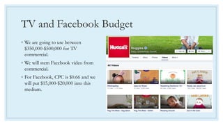 TV and Facebook Budget
◦ We are going to use between
$350,000-$500,000 for TV
commercial.
◦ We will stem Facebook video from
commercial.
◦ For Facebook, CPC is $0.66 and we
will put $15,000-$20,000 into this
medium.
 