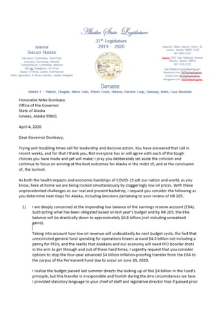 Apr 4, 2020 Letter from Sen. Shelley Hughes to Gov. Dunleavy re: Budget