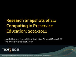 Research Snapshots of 1:1 Computing in Preservice Education: 2002-2011 Joan E. Hughes, Hyo-Jin Helena Yoon, Nikki Wen, and Minwook Ok The University of Texas at Austin  