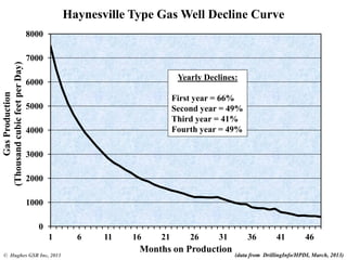 0
1000
2000
3000
4000
5000
6000
7000
8000
1 6 11 16 21 26 31 36 41 46
GasProduction
(ThousandcubicfeetperDay)
Months on Production
Haynesville Type Gas Well Decline Curve
(data from DrillingInfo/HPDI, March, 2013)
Yearly Declines:
First year = 66%
Second year = 49%
Third year = 41%
Fourth year = 49%
© Hughes GSR Inc, 2013
 