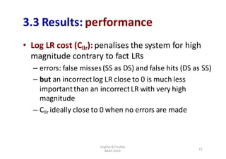 3.3	Results:	performance
21
• Log	LR	cost	(Cllr):	penalises	the	system	for	high	
magnitude	contrary	to	fact	LRs
– errors:	...
