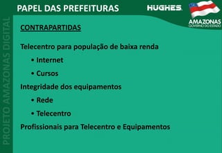 PAPEL DAS PREFEITURAS
CONTRAPARTIDAS
Telecentro para população de baixa renda
• Internet
• Cursos
Integridade dos equipamentos
• Rede
• Telecentro
Profissionais para Telecentro e Equipamentos
 