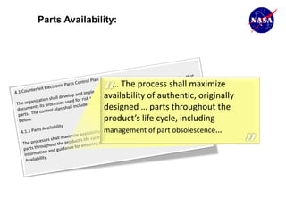 Parts Availability:




                 … The process shall maximize
               availability of authentic, originally
               designed … parts throughout the
               product’s life cycle, including
               management of part obsolescence…
 