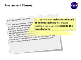 Procurement Clauses:




                          …The seller shall maintain a method
                       of item traceability that ensures
                       tracking of the supply chain back to the
                       manufacturer …
 