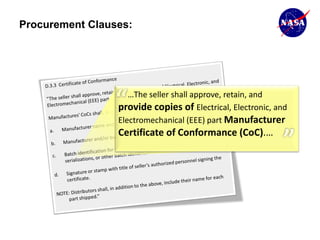 Procurement Clauses:




                    …The seller shall approve, retain, and
                 provide copies of Electrical, Electronic, and
                 Electromechanical (EEE) part Manufacturer
                 Certificate of Conformance (CoC).…
 