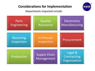 Considerations for Implementation
         Departments impacted include:


   Parts           Quality            Electronics
Engineering       Assurance          Manufacturing


 Receiving        In-Process
                                         Procurement
Inspection        Inspection


                                           Legal &
                 Supply Chain
Production                               Contracting
                 Management
                                         Organization
 