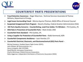  Fraud Detection Awareness – Roger Moerman , Technical Services Associates & Thomas
  Williams, Department of Energy
 Legal Issues Surrounding Fraud – Monica Aquino-Thieman, NASA Office of General Counsel
 Suspected Unapproved Parts Program – Beverly Sharkey, Federal Aviation Administration (FAA)
   EEE Parts Quality Concerns – Counterfeiting, Lead-Free Solder, Tin Whiskers – Phil Zueleta, JPL
 ERAI Role in Prevention of Counterfeit Parts – Mark Snider, ERAI
 Counterfeit Parts Standard – Phil Zueleta, JPL
 Using a Supplier for Protection of Counterfeit Parts – Robb Hammond, AERI
 Counterfeit Components Avoidance – Leon Hamiter, CTI
 Counterfeit Electrical, Electronic, and Electromechanical (EEE) Parts Panel –
    Michael Sampson, Goddard Space Flight Center (GSFC);
    John O’Boyle, QP Semiconductor, Inc.;
    Henry Livingston, BAE SYSTEMS;
    David Meshel, Aerospace Corporation;
    Charlie Whitmeyer, Orbital Sciences Corporation;
    Debra Eggeman, Independent Distributors of Electronics Association (IDEA)
 