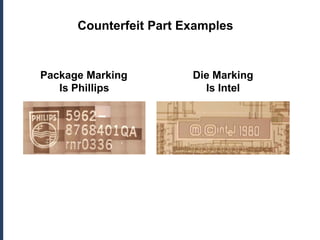 Counterfeit Part Examples


Package Marking         Die Marking
   Is Phillips            Is Intel
 