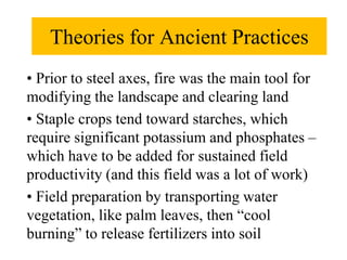 Theories for Ancient Practices 
• Prior to steel axes, fire was the main tool for 
modifying the landscape and clearing land 
• Staple crops tend toward starches, which 
require significant potassium and phosphates – 
which have to be added for sustained field 
productivity (and this field was a lot of work) 
• Field preparation by transporting water 
vegetation, like palm leaves, then “cool 
burning” to release fertilizers into soil 
 