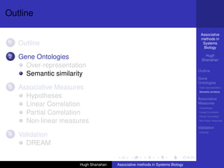 Outline

                                                                                 Associative
                                                                                 methods in
1   Outline                                                                       Systems
                                                                                  Biology

2   Gene Ontologies                                                                 Hugh
                                                                                  Shanahan
      Over-representation
                                                                                Outline
      Semantic similarity
                                                                                Gene
                                                                                Ontologies
3   Associative Measures                                                        Over-representation
                                                                                Semantic similarity

      Hypotheses                                                                Associative
      Linear Correlation                                                        Measures
                                                                                Hypotheses

      Partial Correlation                                                       Linear Correlation
                                                                                Partial Correlation

      Non-linear measures                                                       Non-linear measures

                                                                                Validation
                                                                                DREAM
4   Validation
      DREAM


                       Hugh Shanahan   Associative methods in Systems Biology
 