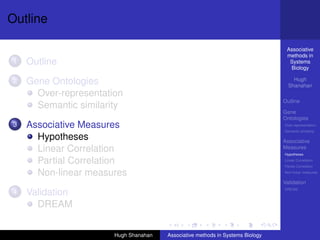 Outline

                                                                                 Associative
                                                                                 methods in
1   Outline                                                                       Systems
                                                                                  Biology

2   Gene Ontologies                                                                 Hugh
                                                                                  Shanahan
      Over-representation
                                                                                Outline
      Semantic similarity
                                                                                Gene
                                                                                Ontologies
3   Associative Measures                                                        Over-representation
                                                                                Semantic similarity

      Hypotheses                                                                Associative
      Linear Correlation                                                        Measures
                                                                                Hypotheses

      Partial Correlation                                                       Linear Correlation
                                                                                Partial Correlation

      Non-linear measures                                                       Non-linear measures

                                                                                Validation
                                                                                DREAM
4   Validation
      DREAM


                       Hugh Shanahan   Associative methods in Systems Biology
 