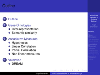 Outline

                                                                                 Associative
                                                                                 methods in
1   Outline                                                                       Systems
                                                                                  Biology

2   Gene Ontologies                                                                 Hugh
                                                                                  Shanahan
      Over-representation
                                                                                Outline
      Semantic similarity
                                                                                Gene
                                                                                Ontologies
3   Associative Measures                                                        Over-representation
                                                                                Semantic similarity

      Hypotheses                                                                Associative
      Linear Correlation                                                        Measures
                                                                                Hypotheses

      Partial Correlation                                                       Linear Correlation
                                                                                Partial Correlation

      Non-linear measures                                                       Non-linear measures

                                                                                Validation
                                                                                DREAM
4   Validation
      DREAM


                       Hugh Shanahan   Associative methods in Systems Biology
 
