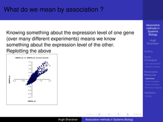 What do we mean by association ?

                                                                                Associative
                                                                                methods in
                                                                                 Systems
Knowing something about the expression level of one gene                         Biology
(over many different experiments) means we know                                    Hugh
                                                                                 Shanahan
something about the expression level of the other.
Replotting the above                                                           Outline

                                                                               Gene
                                                                               Ontologies
                                                                               Over-representation
                                                                               Semantic similarity

                                                                               Associative
                                                                               Measures
                                                                               Hypotheses
                                                                               Linear Correlation
                                                                               Partial Correlation
                                                                               Non-linear measures

                                                                               Validation
                                                                               DREAM




                      Hugh Shanahan   Associative methods in Systems Biology
 