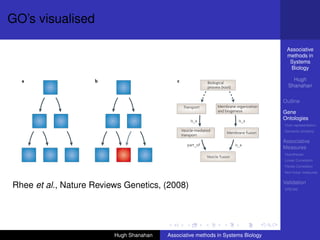 GO’s visualised

                                                                                                                                                  Associative
 IEWS                                                                                                                                             methods in
                                                                                                                                                   Systems
                                                                                                                                                   Biology

            a                                    b                                             c                                                     Hugh
                                                                                                                 Biological
                                                                                                                 process (root)                    Shanahan

                                                                                                                                                 Outline
                                                                                                    Transport          Membrane organization
                                                                                                                       and biogenesis            Gene
asing
ficity                                                                                                                                           Ontologies
                                                                                                        is_a                        is_a
or
                                                                                                                                                 Over-representation
 larity
                                                                                                   Vesicle-mediated                              Semantic similarity
                                                                                                                             Membrane fusion
                                                                                                   transport
                                                                                                                                                 Associative
                                                                                                      part_of                     is_a
                                                                                                                                                 Measures
                                                                                                                                                 Hypotheses
                                                                                                                 Vesicle fusion
                                                                                                                                                 Linear Correlation
                                                                                                                                                 Partial Correlation
                Figure 1 | Simple trees versus directed acyclic graphs. Boxes represent nodes and arrows represent edges. a | An
                                                                                                                    Nature Reviews | Genetics
                example of a simple tree, in which each child has only one parent and the edges are directed, that is, there is a source         Non-linear measures

                (parent) and a destination (child) for each edge. b | A directed acyclic graph (DAG), in which each child can have one or
                                                                                                                                                 Validation
          Rhee et al., Nature Reviews Genetics, (2008)
                more parents. The node with multiple parents is coloured red and the additional edge is coloured grey.c | An example of
                a node, vesicle fusion, in the biological process ontology with multiple parentage. The dashed edges indicate that there         DREAM
                are other nodes not shown between the nodes and the root node (biological process). A root is a node with no incoming
                edges, and at least one leaf (also called a sink). A leaf node is a node with no outgoing edges, that is, a terminal node with
                no children (vesicle fusion). Similar to a simple tree, A DAG has directed edges and does not have cycles, that is, no path
                starts and ends at the same node, and will always have at least one root node. The depth of a node is the length of the
                longest path from the root to that node, whereas the height is the length of the longest path from that node to a leaf41.
                is_a and part_of are types of relationships that link the terms in the GO ontology. More information about the
                relationships between GO terms are found online (An Introduction to the Gene Ontology).
                                                            Hugh Shanahan                 Associative methods in Systems Biology
 