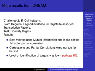 More results from DREAM

                                                                                 Associative
                                                                                 methods in
                                                                                  Systems
Challenge 2: E. Coli network.                                                     Biology

                                                                                    Hugh
From RegulonDB good evidence for targets to assorted                              Shanahan
Transcription Factors.
                                                                                Outline
Task : identify targets.
                                                                                Gene
Results                                                                         Ontologies
                                                                                Over-representation
                                                                                Semantic similarity
    Best method used Mutual Information and ideas behind
                                                                                Associative
    1st order partial correlation.                                              Measures
                                                                                Hypotheses

    Correlations and Partial Correlations were not too far                      Linear Correlation
                                                                                Partial Correlation

    behind.                                                                     Non-linear measures

                                                                                Validation
    Level of identiﬁcation of targets was low - perhaps 5%.                     DREAM




                       Hugh Shanahan   Associative methods in Systems Biology
 