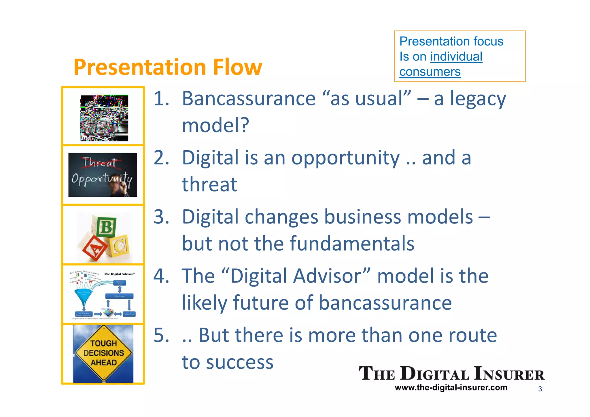Presentation focus
                                 Is on individual
Presentation Flow                consumers

       1. Bancassurance “as usual” – a legacy
          model?
       2. Digital is an opportunity .. and a
          threat
       3. Digital changes business models –
          but not the fundamentals
       4. The “Digital Advisor” model is the
          likely future of bancassurance
       5. .. But there is more than one route
          to success
                                www.the-digital-insurer.com   3
 