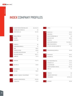 180 
SWISSKNOWHOW HUG 
INDEX 
INDEX COMPANY PROFILES 
A ALEXION PHARMA INTERNATIONAL SARL 98 à 101 & 113 
AS AMBULANCES SERVICES SA 176 
ATMOS MEDICAL AG 102 à 105 
B BINGGELI FRÈRES SA 176 
BJ-COFFEE 158 
BUGNION SA 157 
C CASABAT SA 160 
CHEMIE BRUNSCHWING AG 177 
CIBM 106-107 
CITROËN SA (SUISSE) 162-163 
CLVH CENTRE LASER VICTOR HUGO 112 
CROIX ROUGE GENEVOISE 108 à 111 
CURMED AG 114-115 
D DIANALABS 116 à 119 
E EMIL FREY SA 164-165 
G GASTROMER SA 159 
GETS MSS 166-167 
I IMAGERIVE - IMAGERIE ET DÉVELOPPEMENT 120-121 
J JOHNSON & JOHNSON MEDICAL 128 & 150 
J.P. MULLER AG 122-123 
L L & F SA 178 
M MAYBA.CH SA 124-125 
MARFLOW AG 126-127 
MEDACTA INTERNATIONAL SA 129 
MEDICATECH SARL 130-131 
MEDILEG SA 177 
MERCK SHARP & DOHME AG 132 à 135 & 171 
MMM STERILISATOREN AG 136-137 
MY PRIVATE CARE/ONE PLACEMENT SA 170 
P PRICEWATERHOUSECOOPERS SA 138-139 
R REACTOLAB SA 140-141 
RIVE DROITE SA 142-143 
S SCA HYGIÈNE PRODUCTS AG 144-145 
SCHWEIZER G. SA 172-173 
SICLI SWITZERLAND 174-175 
SIMILOR AG/KERAMIK LAUFEN AG 146 à 149 
SIPAEC SA 151 
T TORNIER AG 156 
TRANSFERTS VIDÉO FILM SA 161 
TRB CHEMEDICA 3 & 152 à 155 
V VELTIGROUP 168-169 
