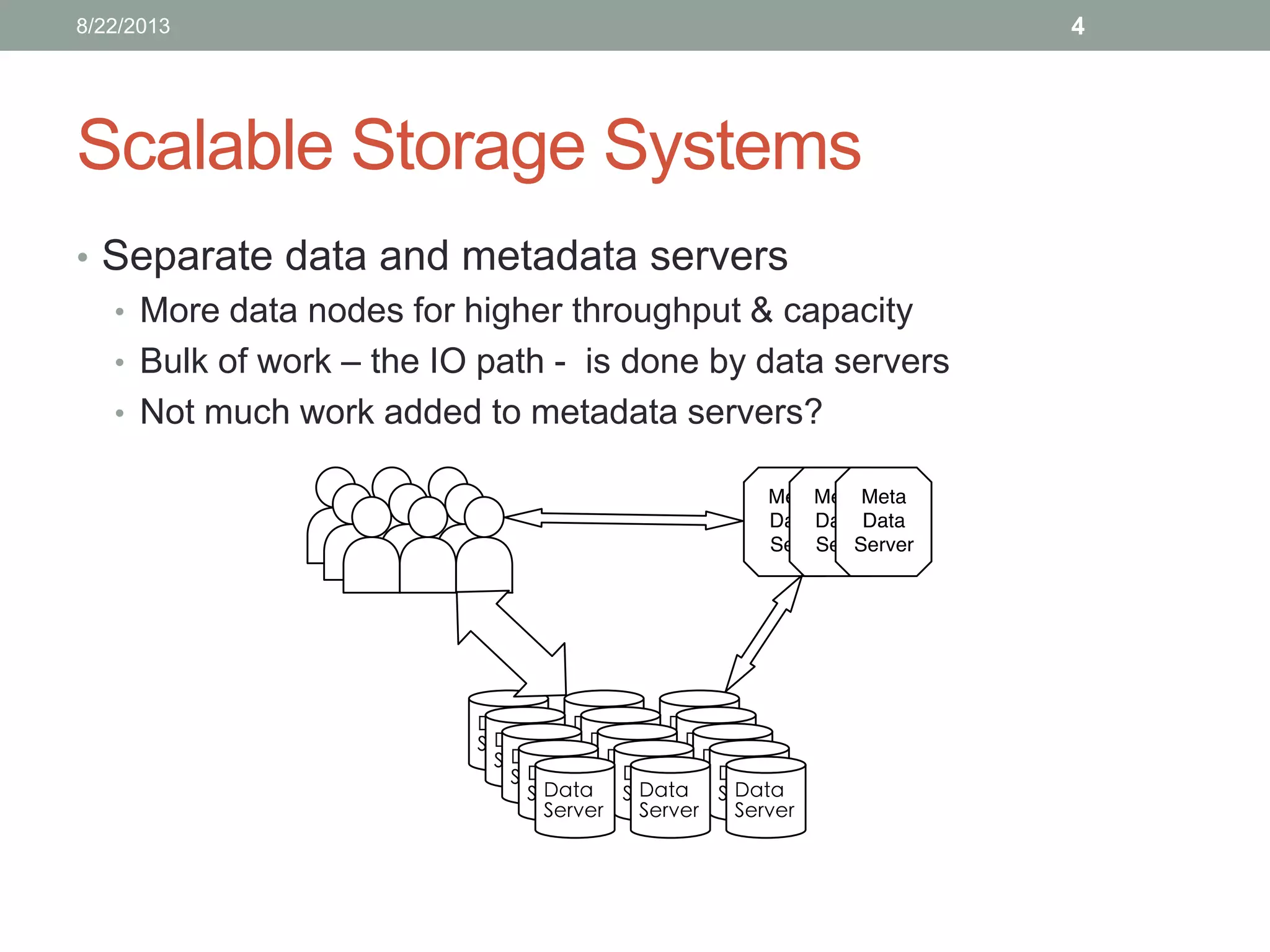 Scalable Storage Systems
• Separate data and metadata servers
• More data nodes for higher throughput & capacity
• Bulk of work – the IO path - is done by data servers
• Not much work added to metadata servers?
48/22/2013
 