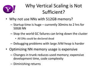 Why Vertical Scaling is Not Sufficient?Why not use NNs with 512GB memory?Startup time is huge – currently 30mins to 2 hrs for 50GB NNStop the world GC failures can bring down the clusterAll DNs could be declared deadDebugging problems with large JVM heap is harderOptimizing NN memory usage is expensiveChanges in trunk reduces used memory; expensive development time, code complexityDiminishing returns