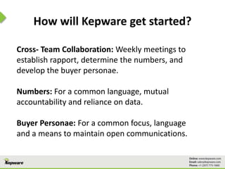 How will Kepware get started?
Cross- Team Collaboration: Weekly meetings to
establish rapport, determine the numbers, and
develop the buyer personae.
Numbers: For a common language, mutual
accountability and reliance on data.
Buyer Personae: For a common focus, language
and a means to maintain open communications.
 