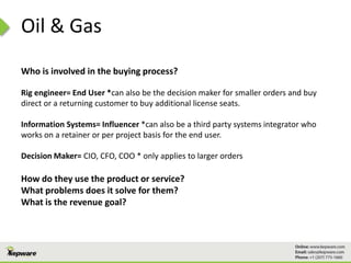 Oil & Gas
Who is involved in the buying process?
Rig engineer= End User *can also be the decision maker for smaller orders and buy
direct or a returning customer to buy additional license seats.
Information Systems= Influencer *can also be a third party systems integrator who
works on a retainer or per project basis for the end user.
Decision Maker= CIO, CFO, COO * only applies to larger orders
How do they use the product or service?
What problems does it solve for them?
What is the revenue goal?
 