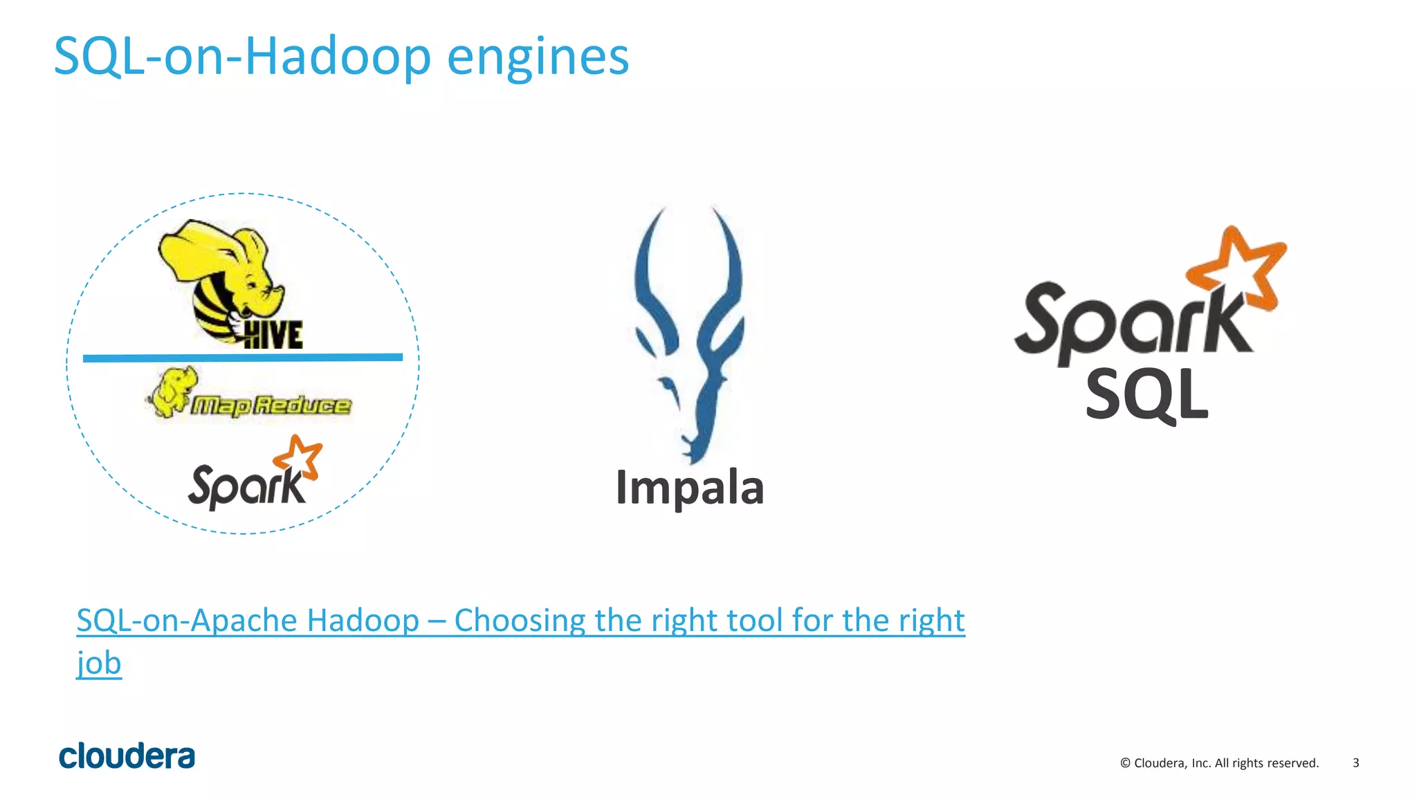 3© Cloudera, Inc. All rights reserved.
SQL-on-Hadoop engines
SQL
Impala
SQL-on-Apache Hadoop – Choosing the right tool for the right
job
 