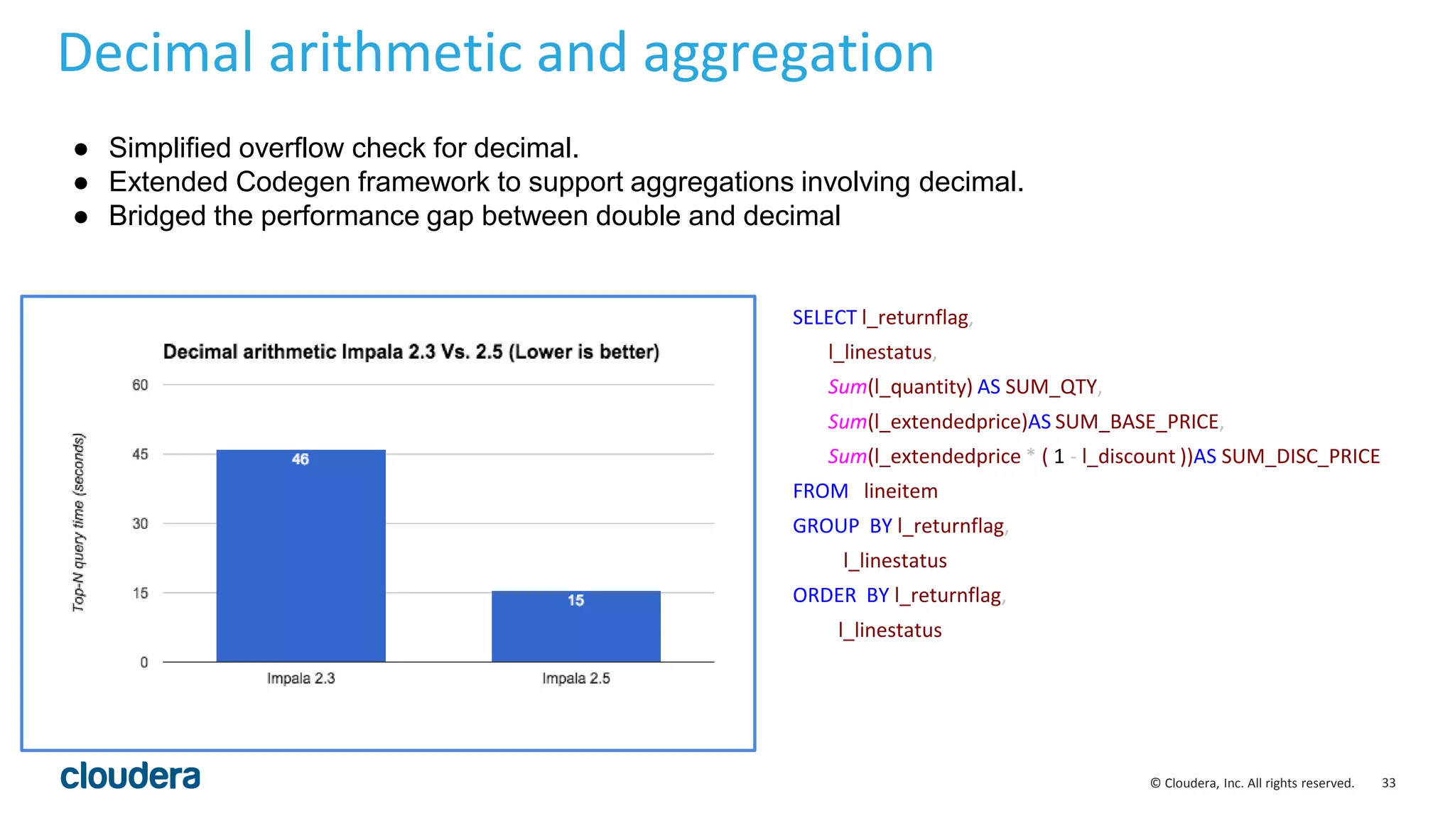 33© Cloudera, Inc. All rights reserved.
Decimal arithmetic and aggregation
SELECT l_returnflag,
l_linestatus,
Sum(l_quantity) AS SUM_QTY,
Sum(l_extendedprice)AS SUM_BASE_PRICE,
Sum(l_extendedprice * ( 1 - l_discount ))AS SUM_DISC_PRICE
FROM lineitem
GROUP BY l_returnflag,
l_linestatus
ORDER BY l_returnflag,
l_linestatus
3x speedup
● Simplified overflow check for decimal.
● Extended Codegen framework to support aggregations involving decimal.
● Bridged the performance gap between double and decimal
 