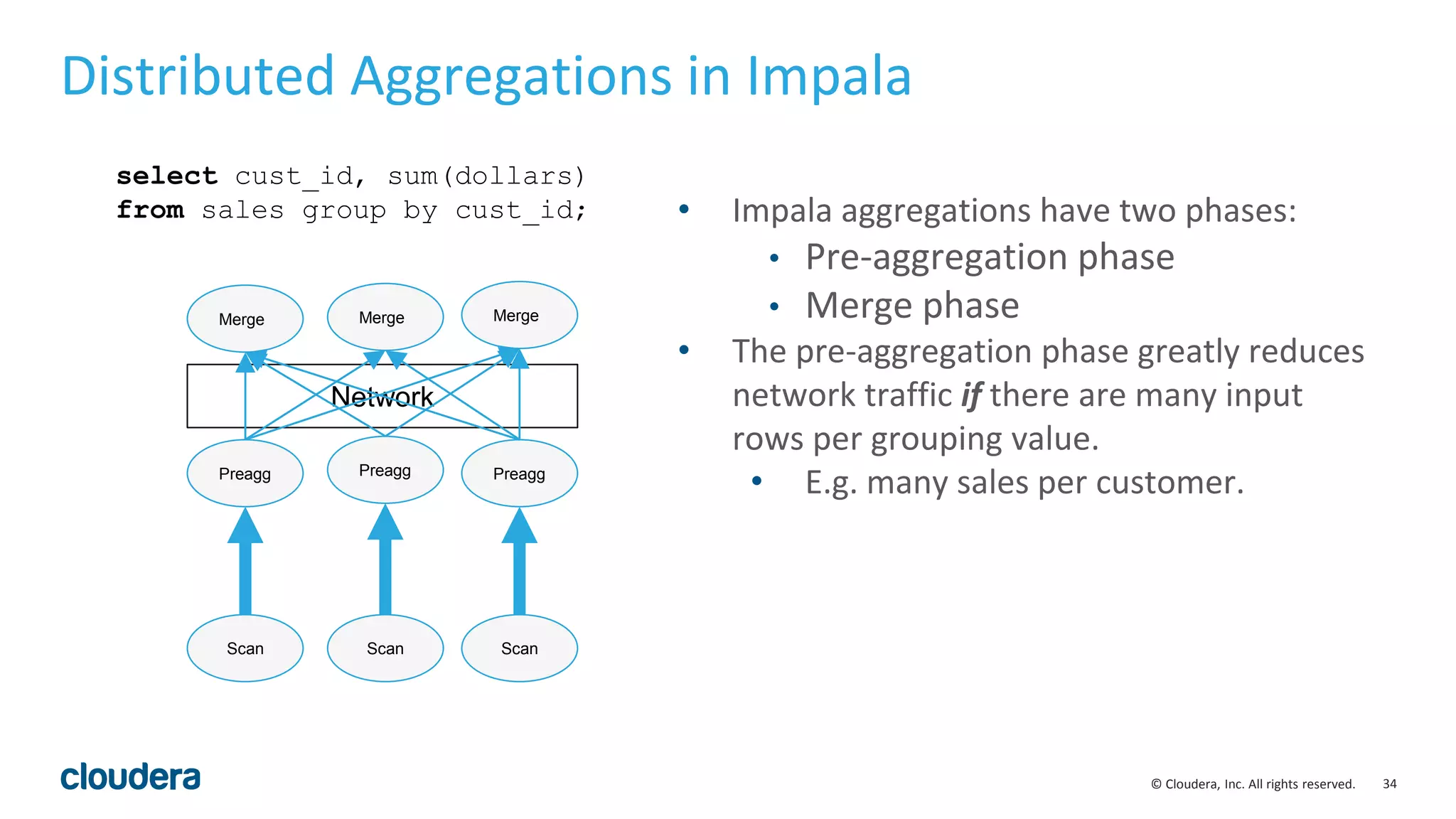 34© Cloudera, Inc. All rights reserved.
Network
Distributed Aggregations in Impala
Preagg Preagg Preagg
Merge Merge Merge
select cust_id, sum(dollars)
from sales group by cust_id;
Scan ScanScan
• Impala aggregations have two phases:
• Pre-aggregation phase
• Merge phase
• The pre-aggregation phase greatly reduces
network traffic if there are many input
rows per grouping value.
• E.g. many sales per customer.
 