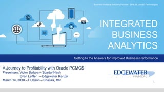 INTEGRATED
BUSINESS
ANALYTICS
Getting to the Answers for Improved Business Performance
Business Analytics Solutions Provider: EPM, BI, and BD Technologies
A Journey to Profitability with Oracle PCMCS
Presenters: Victor Balboa – SpartanNash
Evan Leffler – Edgewater Ranzal
March 14, 2018 – HUGmn – Chaska, MN 1
 