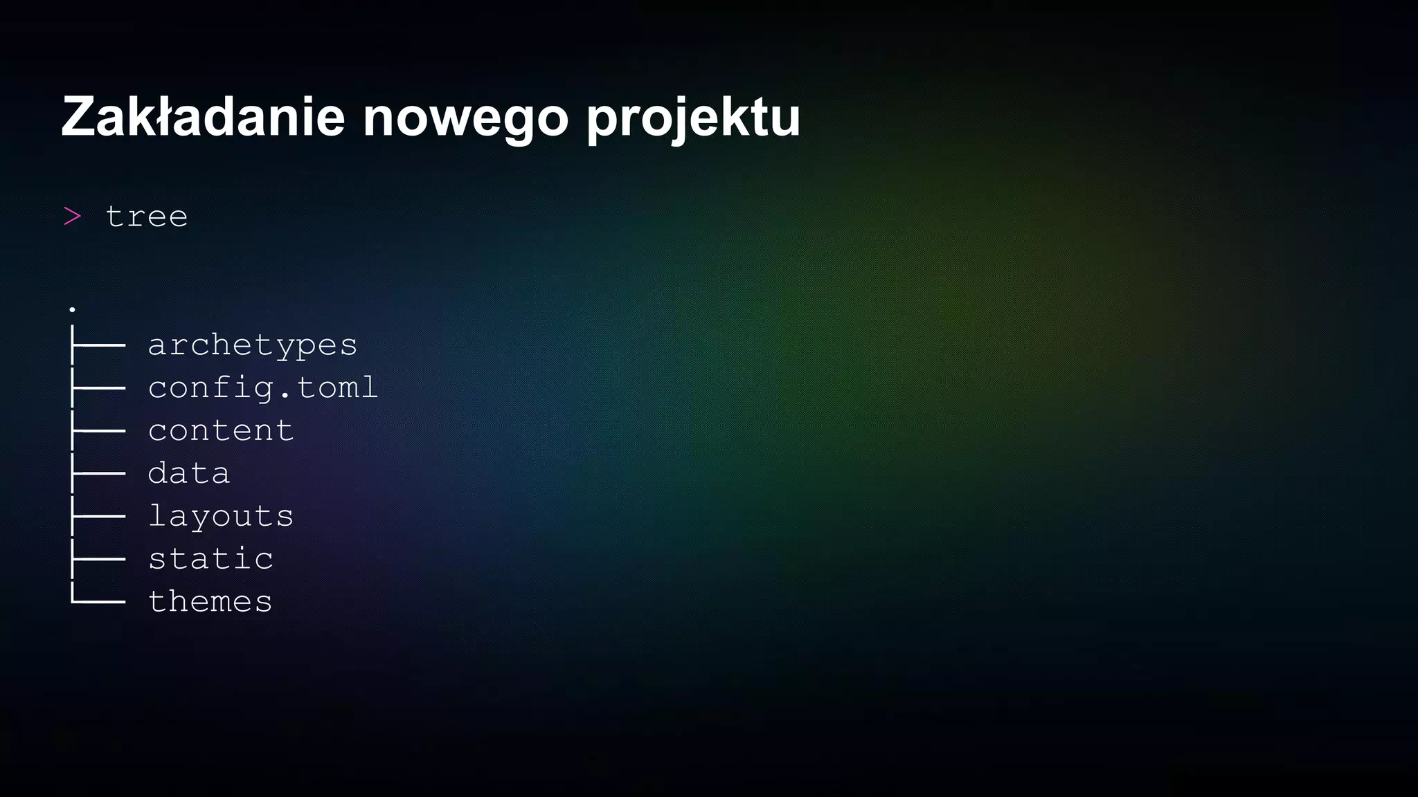 Zakładanie nowego projektu
> tree
.
├── archetypes
├── config.toml
├── content
├── data
├── layouts
├── static
└── themes
 