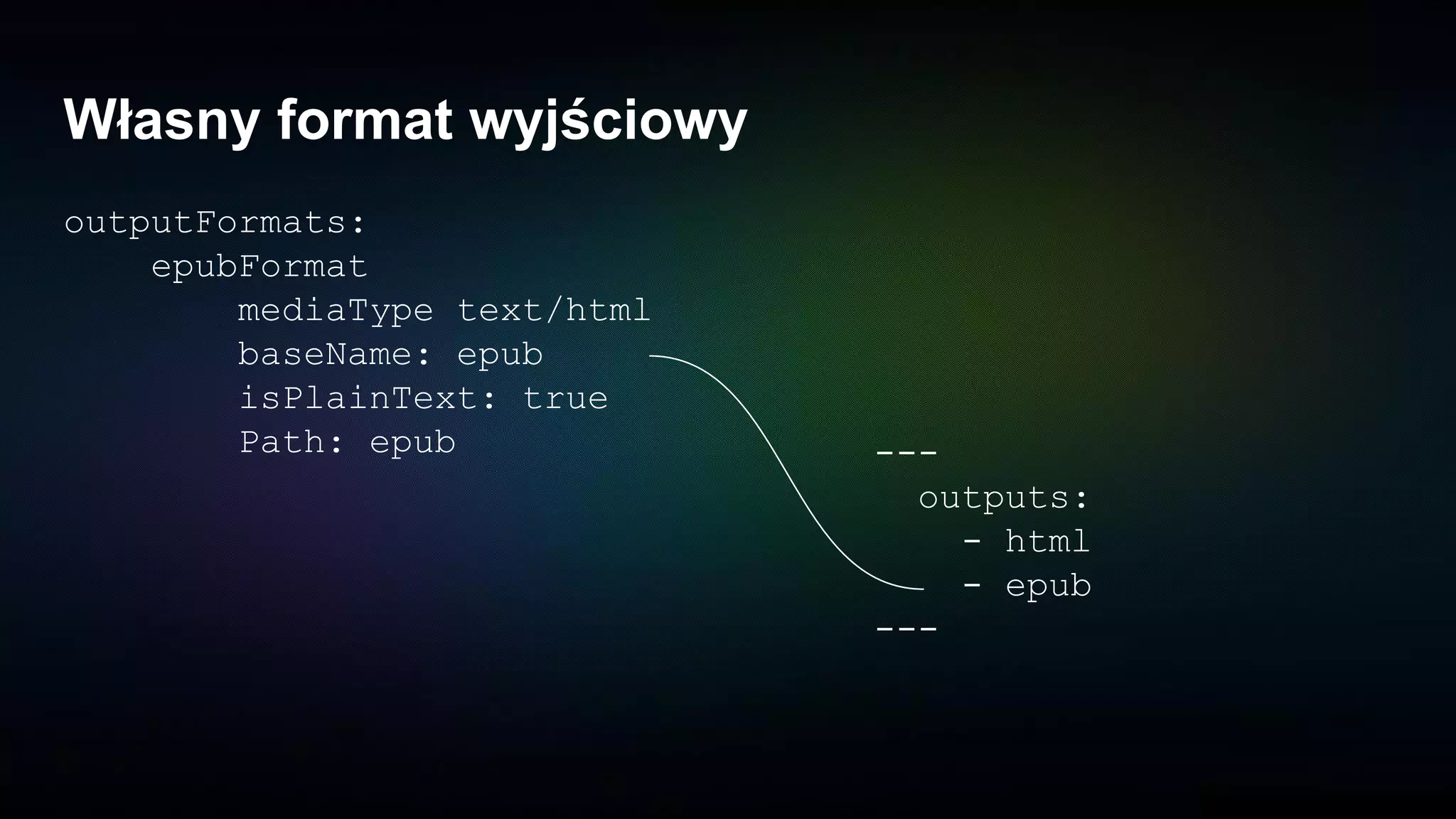 Własny format wyjściowy
outputFormats:
epubFormat
mediaType text/html
baseName: epub
isPlainText: true
Path: epub ---
outputs:
- html
- epub
---
 