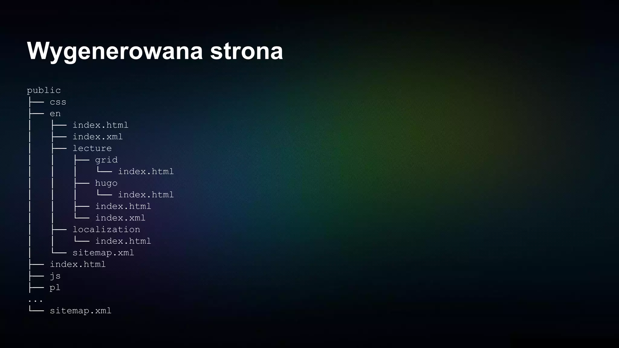 Wygenerowana strona
public
├── css
├── en
│ ├── index.html
│ ├── index.xml
│ ├── lecture
│ │ ├── grid
│ │ │ └── index.html
│ │ ├── hugo
│ │ │ └── index.html
│ │ ├── index.html
│ │ └── index.xml
│ ├── localization
│ │ └── index.html
│ └── sitemap.xml
├── index.html
├── js
├── pl
...
└── sitemap.xml
 