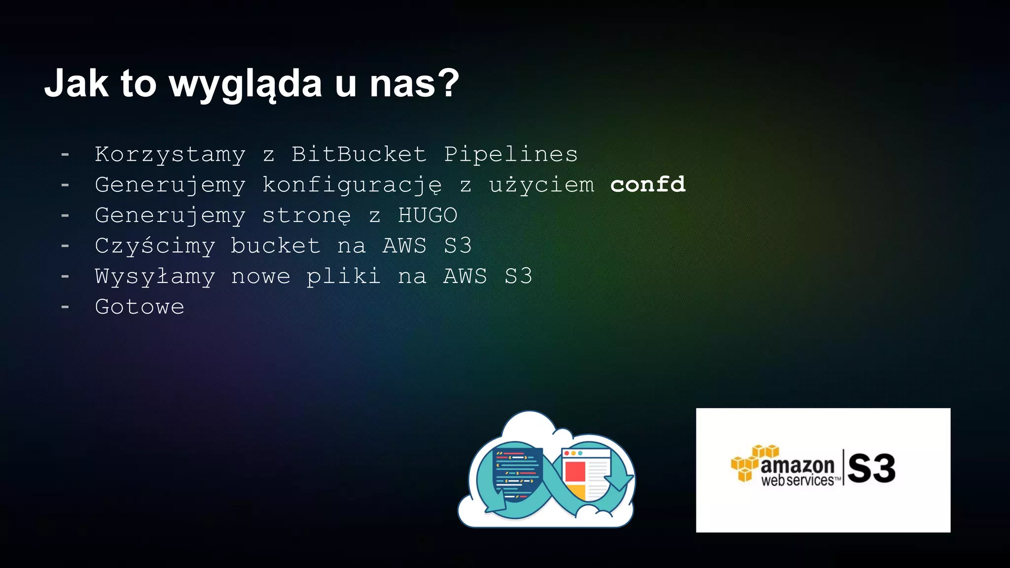 Jak to wygląda u nas?
- Korzystamy z BitBucket Pipelines
- Generujemy konfigurację z użyciem confd
- Generujemy stronę z HUGO
- Czyścimy bucket na AWS S3
- Wysyłamy nowe pliki na AWS S3
- Gotowe
 