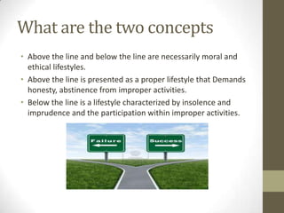 What are the two concepts
• Above the line and below the line are necessarily moral and
ethical lifestyles.
• Above the li...
