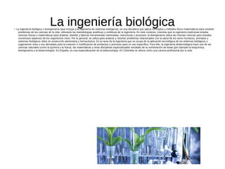 La ingeniería biológica●
La ingeniería biológica o bioingeniería (que incluye a la ingeniería de sistemas biológicos), es una disciplina que aplica conceptos y métodos físico-matemáticos para resolver
problemas de las ciencias de la vida, utilizando las metodologías analíticas y sintéticas de la ingeniería. En este contexto, mientras que la ingeniería tradicional emplea
ciencias físicas y matemáticas para analizar, diseñar y fabricar herramientas inanimadas, estructuras y procesos, la bioingeniería utiliza las mismas ciencias para estudiar
numerosos aspectos de los organismos vivos. Por lo general, se utiliza para analizar y resolver problemas relacionados con la salud de los seres humanos, animales y
sistemas biológicos útiles en producción alimentaria y farmacéutica. Es la rama de la ingeniería que se ocupa de la aplicación tecnológica de los sistemas biológicos y
organismos vivos o sus derivados para la creación o modificación de productos o procesos para un uso específico. Para ello, la ingeniería biotecnológica hace uso de las
ciencias naturales (como la química y la física), las matemáticas y otras disciplinas especializadas resultado de la combinación de éstas (por ejemplo la bioquímica,
bioingeniería y la biotecnología). En España, es una especialización de la biotecnología. En Colombia se ofrece como una carrera profesional por si sola.
 