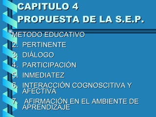 CAPITULO 4  PROPUESTA DE LA S.E.P. METODO EDUCATIVO PERTINENTE DIÁLOGO PARTICIPACIÓN INMEDIATEZ INTERACCIÓN COGNOSCITIVA  Y  AFECTIVA  AFIRMACIÓN EN EL AMBIENTE DE APRENDIZAJE 
