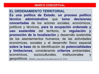 MARCO CONCEPTUAL

EL ORDENAMIENTO TERRITORIAL
Es una política de Estado, un proceso político
técnico administrativo que toma decisiones
concertadas de los actores sociales, económicos,
políticos y técnicos, para la ocupación ordenada y
uso sostenible del territorio, la regulación y
promoción de la localización y desarrollo sostenible
de los asentamientos humanos; de las actividades
económicas, sociales y el desarrollo físico espacial
sobre la base de la identificación de potencialidades
y limitaciones, considerando criterios ambientales,
económicos,        socioculturales,                       institucionales y
geopolíticos. (MINAM, Lineamientos de política para el OT, 2010).
 