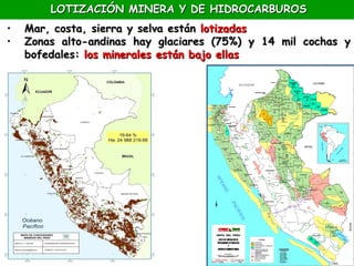 LOTIZACIÓN MINERA Y DE HIDROCARBUROS
•   Mar, costa, sierra y selva están lotizadas
•   Zonas alto-andinas hay glaciares (75%) y 14 mil cochas y
    bofedales: los minerales están bajo ellas
 