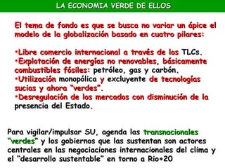 LA ECONOMIA VERDE DE ELLOS

 El tema de fondo es que se busca no variar un ápice el
 modelo de la globalización basado en cuatro pilares:

 •Libre comercio internacional a través de los TLCs.
 •Explotación de energías no renovables, básicamente
 combustibles fósiles: petróleo, gas y carbón.
 •Utilización monopólica y excluyente de tecnologías
 sucias y ahora “verdes”.
 •Desregulación de los mercados con disminución de la
 presencia del Estado.


Para vigilar/impulsar SU, agenda las transnacionales
“verdes” y los gobiernos que las sustentan son actores
centrales en las negociaciones internacionales del clima y
el “desarrollo sustentable” en torno a Rio+20
 