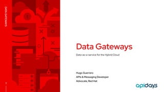Data-as-a-service for the Hybrid Cloud
Data Gateways
Hugo Guerrero
APIs & Messaging Developer
Advocate, Red Hat
DATAGATEWAYS
1
 